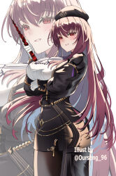 1girl ascot ass belly_chain beret black_coat black_hat black_skirt blush breasts brooch brown_pantyhose coat fate/grand_order fate_(series) gloves gold_trim grin hat highres jewelry large_breasts long_hair long_sleeves looking_at_viewer oursong_(kiam_pis) pantyhose pencil_skirt pointer purple_hair red_eyes scathach_(fate) scathach_(fgo_fes._2025)_(fate) shirt skirt smile thighs white_gloves white_shirt zoom_layer
