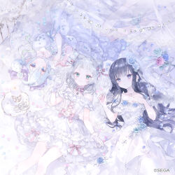 3girls bare_shoulders black_hair blue_eyes blue_flower blue_rose blush bow closed_mouth collarbone commentary_request dress flower frills hair_bow hair_flower hair_ornament hands_up highres kashiwagi_mia long_hair looking_at_viewer lying misumi_aoi multiple_girls official_art on_back ongeki onineko pantyhose parted_lips petals pink_flower pink_rose puffy_short_sleeves puffy_sleeves purple_flower purple_rose rose sega short_sleeves strapless strapless_dress suzushima_arisu twintails twitter_username very_long_hair wedding_dress white_flower white_rose