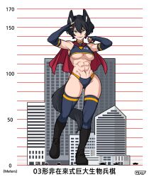 1girl abs absurdres animal_ears artist_name black_boots black_gloves black_panties black_thighhighs boots breasts building capelet chinese_text commentary crop_top crop_top_overhang dog_ears dog_girl dog_tail elbow_gloves english_commentary fingerless_gloves giant giantess gloves gmf_(0gmf0) height_chart highres knee_boots medium_breasts military_vehicle motor_vehicle original panties red_capelet short_hair solo standing standing_on_one_leg superhero_costume tail tank thighhighs toned toned_female translation_request underboob underwear wolf_ears