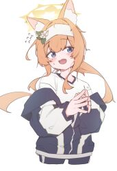 1girl absurdres animal_ear_fluff animal_ears blue_archive blue_eyes blue_jacket blush_stickers commentary_request cropped_legs facing_viewer flower fox_ears hair_flower hair_ornament hairband halo highres jacket jacket_partially_removed korean_commentary long_hair long_sleeves looking_to_the_side mangotonic mari_(blue_archive) mari_(track)_(blue_archive) official_alternate_costume open_mouth orange_hair own_hands_together shirt simple_background solo sweatdrop white_background white_hairband white_shirt yellow_halo