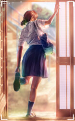 1girl a.x. absurdres adjusting_clothes adjusting_shoe bag blue_skirt blue_socks brown_hair commentary_request dated doorway from_behind full_body highres kneepits original ponytail pov_doorway school_bag school_uniform see-through_silhouette serafuku shirt short_ponytail short_sleeves skirt sliding_doors socks solo standing standing_on_one_leg white_shirt