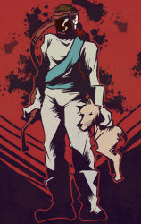 1boy animal belt boots brown_hair corpse dc_comics dog dogwelder gloves holding holding_animal irugan male_focus mask short_hair solo standing tongue uniform welding_mask x_x