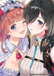 2girls ;d ahoge asymmetrical_docking atelier_(series) atelier_rorona atelier_yumia black_hair blue_eyes breast_press breasts brown_hair capelet cleavage hair_between_eyes hair_intakes hair_over_one_eye hat highres jewelry kishida_mel medium_breasts mole mole_under_eye multicolored_hair multiple_girls necklace official_art one_eye_closed open_mouth purple_eyes red_hair rorolina_frixell short_hair smile streaked_hair teeth tongue upper_teeth_only white_capelet yumia_liessfeldt
