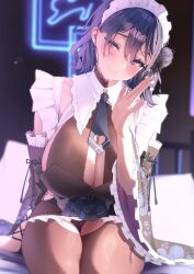 1girl black_hair blue_necktie blush breasts brown_pantyhose cleavage clothing_cutout commentary_request crotchless crotchless_pantyhose detached_sleeves eyelashes floral_print frilled_sleeves frills hair_bun heart_cutout highres huge_breasts indie_virtual_youtuber looking_at_viewer maid_headdress mole mole_on_breast mole_under_mouth multicolored_hair necktie nen_0405 neon_lights pantyhose purple_eyes purple_hair short_necktie single_side_bun sitting smile solo tokiai_misao