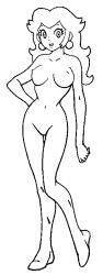 Rule 34 | 1girl, breasts, female focus, formal clothes, full body, mario (series), monochrome, nintendo, nipples, no pussy, nude, princess peach, simple background, skin tight, solo, suit, super mario bros. 1