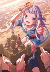 5girls barefoot beach black_nails bloop_(gawr_gura) blue_eyes blue_hair blue_hoodie chibi fins fish_tail gawr_gura gawr_gura_(1st_costume) highres hololive hololive_english holomyth hood hood_down hoodie long_hair mori_calliope mori_calliope_(1st_costume) multiple_girls ninomae_ina&#039;nis ninomae_ina&#039;nis_(1st_costume) ocean one_side_up pink_nails pov sand sand_castle sand_sculpture setsuna_(l9in1cszw3f6qsq) shark_tail sharp_teeth solo_focus sunset tail takanashi_kiara takanashi_kiara_(1st_costume) teeth thumbs_up virtual_youtuber watson_amelia watson_amelia_(1st_costume)