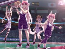 4girls animal_ears arms_at_sides arms_up artist_name ball basketball basketball_(object) basketball_uniform black_hair black_thighhighs brown_hair closed_mouth drogo_doggo expressionless fangs female_focus green_eyes highres holding holding_ball hyena_ears hyena_girl japanese_flag jumping leggings legs_apart long_hair looking_at_another madaraba_iena mashima_chloe meme multicolored_hair multiple_girls murenase!_shiiton_gakuen okami_feriru okami_ranka open_mouth outstretched_arms over-kneehighs pantyhose pantyhose_under_shorts petite pink_hair playing_sports ponytail purple_leggings purple_shirt purple_shorts red_footwear shirt short_hair shorts siblings sisters sleeveless sleeveless_shirt smug socks sportswear standing striped_clothes striped_thighhighs surprised t-shirt tail tall_female teeth thighhighs tomboy two-tone_hair two-tone_shirt two-tone_shorts two-tone_thighhighs wade-lebron_dunk_picture_(meme) white_hair white_shirt white_shorts white_socks white_thighhighs wolf_ears wolf_girl wolf_print wolf_tail yellow_eyes zebra_(animal)_print zebra_ears zebra_girl zebra_tail