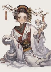 1girl absurdres animal brown_hair chinese_zodiac floral_print flower forehead hair_ornament haori highres japanese_clothes kanzashi kimono looking_at_viewer nihongami original plum_blossoms sayoko_(sayosny2) simple_background snake solo tsumami_kanzashi white_kimono white_snake year_of_the_snake