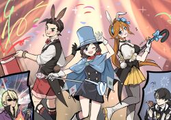 2girls 3boys ace_attorney animal animal_on_shoulder apollo_justice arm_up athena_cykes bird black_choker black_coat black_dress black_gloves black_hair black_jacket black_necktie black_shirt blonde_hair blue_cape blue_hat blue_ribbon blush boots bow bowtie bracelet brown_hair cape choker coat confetti crescent crescent_earrings dress earrings flying_sweatdrops gloves gold_bracelet guitar hair_ribbon hat hawk holding holding_guitar holding_instrument holding_unworn_clothes holding_unworn_hat instrument jacket jewelry klavier_gavin male_playboy_bunny multiple_boys multiple_girls necklace necktie one_eye_closed orange_hair pantyhose puffy_short_sleeves puffy_sleeves purple_jacket rabbit_tail red_bow red_bowtie red_hat red_scarf red_shorts ribbon scarf senki_xl shirt short_sleeves shorts side_ponytail simon_blackquill single_earring skirt sunglasses sweat tail tailcoat_playboy_bunny top_hat trucy_wright unworn_hat unworn_headwear waist_bag white_boots white_gloves yellow_skirt