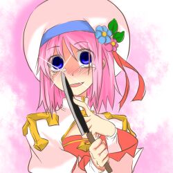 1girl arch_bishop_(ragnarok_online) blue_eyes blue_flower blush cleavage_cutout clothing_cutout commentary_request cross crying crying_with_eyes_open dress empty_eyes false_smile flower glint hat hat_flower hat_ornament holding holding_knife juliet_sleeves knife leaf_hat_ornament long_sleeves looking_at_viewer open_mouth pink_background pink_hair puffy_sleeves ragnarok_online red_dress sera_(hitsuji_to_kitsune) short_hair smile solo tam_(ragnarok_online) tears two-tone_dress upper_body white_background white_dress white_hat yandere