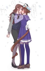 2girls animal_ears black_shoes black_skirt blue_eyes bow brown_hair brown_shoes cheval_grand_(umamusume) collared_shirt ears_down ears_through_headwear embarrassed face-to-face female_trainer_(umamusume) flustered frilled_skirt frills grey_pants grey_shirt hair_between_eyes hands_on_another&#039;s_face high_heels highres hollomaru horse_ears horse_girl horse_tail layered_sleeves long_hair long_sleeves multiple_girls nervous_sweating pants parted_lips pleated_skirt purple_sailor_collar purple_shirt purple_skirt purple_sweater_vest purple_thighhighs sailor_collar school_uniform shirt shoes short_hair short_over_long_sleeves short_sleeves sidelocks skirt solo speech_bubble standing sweat sweater_vest tail tail_wrap thighhighs thought_bubble tracen_school_uniform trainer_(umamusume) translation_request umamusume white_bow yuri zettai_ryouiki