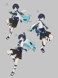 1boy animal_print arm_up armor bird_print black_bow black_bridal_gauntlets black_hair black_leggings black_sandals black_shorts blue_cape blue_eyes blue_kimono blue_sleeves blunt_ends bow bridal_gauntlets cape closed_mouth eyeliner eyeshadow facing_to_the_side feathers furisode genshin_impact gold gold_ring gold_trim grey_background hakama hakama_shorts highres hip_vent japanese_armor japanese_clothes juban kimono knee_up kote kurokote layered_sleeves leg_warmers leggings looking_down looking_up makeup middle_ring multiple_views numbered open_clothes open_hands open_kimono open_mouth outstretched_arms parted_bangs pleated_shorts pom_pom_(clothes) purple_rope purple_sash red_eyeliner red_eyeshadow rope sandals sash scaramouche_(genshin_impact) short_sleeves shorts stirrup_legwear tassel toeless_legwear toes touxin_0316 wanderer_(genshin_impact) white_kimono white_leg_warmers white_sleeves yellow_feathers zouri