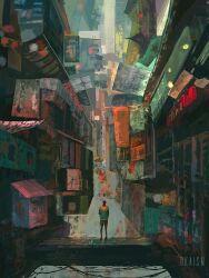 1other blue_hoodie blue_shorts city dark-skinned_male dark_skin dkaism door from_behind full_body hood hoodie orange_hoodie original painterly power_lines scenery shed shorts standing upside-down window