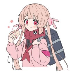 1girl armband bag black_sailor_collar brown_hair commentary cropped_torso food hair_ornament hands_up highres holding holding_food long_hair long_sleeves looking_at_viewer low_twintails nail_polish natori_sana natori_sana_(school_uniform) neckerchief nobu-k pink_sweater rabbit_hair_ornament red_eyes red_neckerchief red_scarf sailor_collar sana_channel scarf school_bag school_uniform simple_background smile solo steamed_bun sweater symbol-only_commentary tongue tongue_out twintails upper_body virtual_youtuber white_background