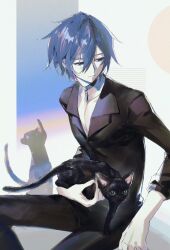 1boy acute_(vocaloid) beret_(kaito) black_cat black_choker black_pants black_shirt blue_eyes blue_hair cat choker closed_mouth commentary dated_commentary hair_between_eyes half-closed_eyes highres kaito_(guilty)_(vocaloid) kaito_(vocaloid) long_sleeves looking_to_the_side male_focus pale_skin pants partially_unbuttoned pectoral_cleavage pectorals project_diva_(series) shirt short_hair sitting solo vocaloid