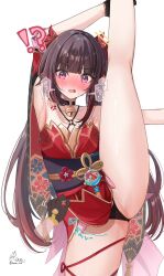 !? 1girl armpits assisted_exposure bell black_choker black_gloves black_panties black_sash blush butterfly-shaped_pupils cameltoe choker clothes_lift commentary_request criss-cross_halter disembodied_hand dress dress_lift embarrassed flower_tattoo gloves halterneck highres honkai:_star_rail honkai_(series) japanese_clothes leg_lift leg_up legs lifting_another&#039;s_clothes looking_at_viewer mark_under_both_eyes neck_bell obi open_mouth panties panty_peek partially_visible_vulva ranran_3939 red_dress red_sleeves sash signature simple_background smile smug solo_focus sparkle sparkle_(honkai:_star_rail) split standing standing_on_one_leg standing_split sweat symbol-shaped_pupils tattoo translation_request twitter_username underwear white_background