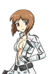 1girl absurdres assault_rifle asymmetrical_dual_wielding beta_c-mag bodysuit brown_eyes brown_hair carbine cosplay dozumiiru drum_magazine dual_wielding game_console girls_und_panzer gun handgun high-capacity_magazine highres holding knife long_sleeves looking_at_viewer m16 m231_firing_port_weapon magazine_(weapon) metal_gear_(series) metal_gear_solid_3:_snake_eater military nishizumi_miho patriot_(metal_gear) pistol playstation_2 pouch rifle scar scar_on_chest short-barreled_rifle short_hair standing tactical_clothes the_boss the_boss_(cosplay) weapon white_bodysuit