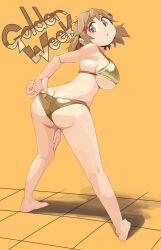 1girl absurdres adjusting_clothes adjusting_swimsuit ass barefoot bikini breasts butt_crack chestnut_mouth english_text feet full_body gold_bikini golden_week highres large_breasts senki_zesshou_symphogear sideboob slyger_ex solo standing swimsuit tachibana_hibiki_(symphogear) toes undersized_breast_cup undersized_clothes