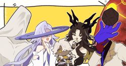 2girls 3boys absurdres archforger arm_up artist_name asat_pramad brown_eyes brown_hair celenova covered_eyes covered_face dark-skinned_male dark_skin floating_headgear gloves grey_hair hand_up headgear highres honkai:_star_rail honkai_(series) icosahedron multiple_boys multiple_girls nanook_(honkai:_star_rail) necktie object_head palms_together phantylia purple_necktie red_gloves simple_background susukinohara320 sweatdrop v veil white_veil yellow_background yellow_eyes zephyro
