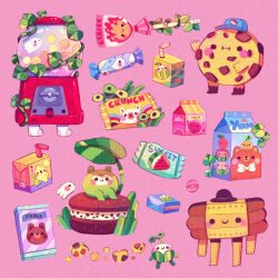 candy chocolate chocolate_bar closed_mouth commentary cookie creature drink ellievsbear english_commentary fire food fruit ghost gumball_machine hat highres juice_box lemon no_humans original pink_background plant signature simple_background smile snack socks spirit standing