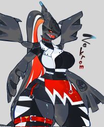 belt black_hair black_skin breasts claws colored_sclera colored_skin dragon_girl fangs gen_5_pokemon highres huge_breasts legendary_pokemon nintendo pokemon pokemon_(creature) ponytail red_hair red_sclera reptile_girl thick_thighs thigh_belt thigh_strap thighs togetoge white_eyes wide_hips wings zekrom