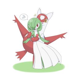 1girl bob_cut claws colored_skin female_focus flat_chest flying_sweatdrops full_body gardevoir gen_3_pokemon green_hair green_skin hair_over_one_eye happy hug hug_from_behind latias legendary_pokemon looking_at_another looking_back multicolored_skin nervous_smile nintendo notice_lines one_eye_covered open_mouth pokemon pokemon_(creature) red_eyes rkn_rukonu short_hair sideways_mouth simple_background smile speech_bubble spoken_flying_sweatdrops sweat two-tone_skin white_background white_skin yellow_eyes