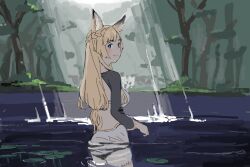 1girl animal_ears back_cutout blonde_hair blush braid closed_mouth clothing_cutout commentary_request dappled_sunlight fantasy forest from_behind gold_trim granblue_fantasy in_water light_rays lily_pad long_hair long_sleeves looking_at_viewer looking_back mensoubou nature nose_blush oekaki outdoors shadow solo sunbeam sunlight wet wet_clothes yuisis_(granblue_fantasy)