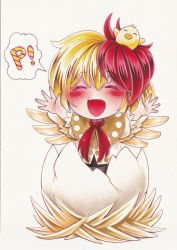 animal animal_on_head arms_up bird bird_on_head bird_tail bird_wings blonde_hair blush chibi chick dress eggshell closed_eyes feathered_wings highres multicolored_hair nemonadi nest niwatari_kutaka on_head open_mouth orange_dress red_hair shirt simple_background speech_bubble tail touhou traditional_media two-tone_hair white_shirt wings