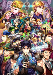 1girl 6+boys asymmetrical_hair beanie beard black_hair blazer blonde_hair blue_eyes bob_cut bow bowtie braid broken broken_chain brown_hair bruno_bucciarati bug caesar_anthonio_zeppeli chain cleavage_cutout clothing_cutout diavolo dio_brando dixie_cup_hat double_bun earrings enrico_pucci everyone facial_hair facial_mark fangs feather_hair_ornament feathers finger_gun fingerless_gloves fingernails funny_valentine gakuran giorno_giovanna gloves green_eyes green_hair grin gyro_zeppeli hair_bun hair_ornament hairclip hat headband higashikata_josuke higashikata_josuke_(jojolion) horns horseshoe insect jacket jean_pierre_polnareff jewelry johnny_joestar jojo_no_kimyou_na_bouken jojolion jonathan_joestar joseph_joestar joseph_joestar_(young) kars_(jojo) kira_yoshikage kishibe_rohan kuujou_jolyne kuujou_joutarou ladybug lipstick long_hair looking_at_viewer looking_away makeup midriff military_hat mullet multicolored_hair multiple_boys mustache nail_polish narciso_anasui niku3729 pointing pointing_at_viewer pompadour profile red_eyes red_hair robert_e._o._speedwagon sailor sailor_collar scar scarf school_uniform sharp_fingernails short_hair skin_tight sleeveless smile sound_effects stand_(jojo) steel_ball_run stone_mask_(jojo) string striped_clothes striped_scarf sweater tazawa_(odamura) top_hat two-tone_hair vento_aureo white_hair will_anthonio_zeppeli wrist_cuffs