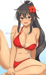 Rule 34 | 1girl, :d, bikini, black hair, blush, breasts, cleavage, collarbone, dark-skinned female, dark skin, flower, green eyes, hair between eyes, hand on own foot, high ponytail, highres, homura (senran kagura), knee up, large breasts, long hair, looking at viewer, navel, open mouth, ponytail, red bikini, red flower, senran kagura, sidelocks, sitting, smile, solo, spread legs, stomach, strap slip, surippa1010, swimsuit, tan, tanline, thighs, twitter username, very long hair