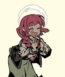 Rule 34 | 1girl, :d, ^ ^, absurdres, alcohol carton, black jacket, blunt bangs, blush, bocchi the rock!, braid, closed eyes, darkest dungeon, dress, drinking straw, drooling, drunk, flat color, full-face blush, glowing, glowing halo, green dress, hair over shoulder, halo, happy, highres, hiroi kikuri, holding carton, jacket, leaning forward, letterman jacket, long sleeves, mouth drool, multicolored jacket, open clothes, open jacket, open mouth, purple hair, sharp teeth, single braid, smile, solo, teeth, two-tone jacket, upper teeth only, virtue (darkest dungeon), waa153, white background, white halo, white jacket