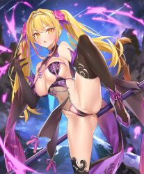 1girl :o ankle_ribbon armpit_crease black_gloves black_thighhighs blonde_hair blush bo_staff breasts china_dress chinese_clothes circlet cloud covered_navel dress earrings elbow_gloves energy evertale floating_earring flower gloves gradient_hair groin groin_tendon hair_flower hair_intakes hair_ornament hair_ribbon holding holding_staff jewelry journey_to_the_west large_breasts leg_ribbon loincloth long_hair looking_at_viewer meteor_shower monkey_girl monkey_tail mountain multicolored_hair navel night night_sky open_clothes open_mouth outdoors panties partially_visible_vulva pelvic_curtain pink_flower pink_ribbon popqn purple_footwear purple_leaves revealing_clothes ribbon ruyi_jingu_bang see-through_clothes see-through_midriff shooting_star silver_circlet sky snow solo staff standing standing_on_one_leg star_(sky) starry_sky stomach sun_wukong sun_wukong_(evertale) tail thighhighs twintails two-tone_hair underwear v-shaped_eyebrows wide_sleeves yellow_eyes