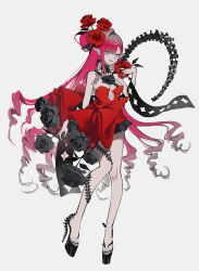 Rule 34 | 1girl, absurdres, baobhan sith (fate), bare shoulders, breasts, cleavage, detached collar, dress, earrings, fate/grand order, fate (series), full body, grey eyes, highres, jewelry, large breasts, le memory, long hair, looking at viewer, open mouth, pink hair, platform heels, pointy ears, red dress, smile, solo