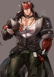 1boy ? absurdres animal_ears bandaged_arm bandages bara black_choker black_jacket cargo_pants choker dog_boy ear_piercing fingerless_gloves gloves highres jacket jewelry komano_manato large_pectorals looking_at_viewer male_focus multicolored_hair multiple_scars muscular muscular_male necklace pants pectorals piercing scar scar_on_face shirt short_hair solo tail white_shirt zenless_zone_zero