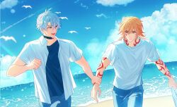 2boys absurdres alternate_costume antenna_hair arm_tattoo beach bird black_choker black_shirt blonde_hair blue_eyes blue_sky braid choker collared_shirt commentary_request denim facial_tattoo gradient_hair hair_between_eyes highres holding_another&#039;s_wrist honkai:_star_rail honkai_(series) jeans korean_commentary looking_at_another mabugeki_dubu male_focus medium_hair multicolored_hair multiple_boys mydei_(honkai:_star_rail) ocean open_clothes open_shirt pants parted_bangs phainon_(honkai:_star_rail) red_hair red_tattoo shirt short_hair short_sleeves side_braid sky tattoo white_hair white_shirt yellow_eyes