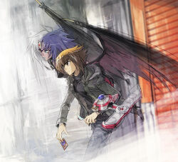 1boy 1other black_bag black_shirt brown_eyes brown_hair building card coat demon_wings denim duel_disk facial_mark facing_to_the_side flying forehead_mark fur-trimmed_coat fur_trim garage green_eyes green_jacket holding holding_card jacket jeans looking_to_the_side moribuden multicolored_hair open_clothes open_jacket outdoors pants shirt wings yu-gi-oh! yu-gi-oh!_gx yubel yuki_judai