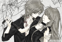 2000s_(style) absurdres black_dress couple dress ear_piercing earrings fengguai highres hug jewelry long_hair original piercing shirt