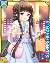 1girl bag black_hair blue_bow bow card_(medium) character_name christmas dress earrings flower girlfriend_(kari) hair_flower hair_ornament handbag indoors jewelry night official_art open_mouth purple_eyes qp:flapper shiranui_isuzu shirt shopping side_ponytail surprised tagme white_dress white_shirt