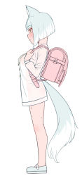 1girl animal_ears asagi_(bombergirl) backpack bag bare_legs blush bob_cut bombergirl breasts from_side full_body grey_hair highres holding_strap long_sleeves mary_janes medium_breasts no_pants original profile randoseru saiste see-through_silhouette shoes short_hair simple_background solo tail water_drop wet white_background yellow_eyes