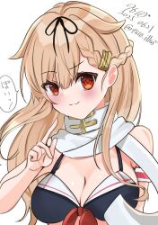 1girl 9610_(kuroto) adapted_costume bikini black_bikini black_ribbon blonde_hair breasts cleavage hair_flaps hair_ornament hair_ribbon hairclip kantai_collection long_hair looking_at_viewer medium_breasts red_eyes ribbon sailor_bikini sailor_collar scarf smile solo swimsuit upper_body white_scarf yuudachi_(kancolle) yuudachi_kai_ni_(swimsuit)_(kancolle)