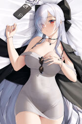 1girl absurdres black_jacket bowlp bracelet breasts cellphone cellphone_charm charm_(object) cinderella_(beautiful_me)_(nikke) cinderella_(nikke) cleavage commentary dongtan_dress dress eyewear_hang goddess_of_victory:_nikke grey_dress heart heart_necklace highres jacket jacket_on_shoulders jewelry large_breasts lying meme_attire necklace official_alternate_costume on_back on_bed phone red_eyes revision solo taut_clothes taut_dress unworn_eyewear white_hair