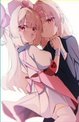 2girls absurdres aoi_(swoi_ekk) apron armband bandaged_wrist bandages blonde_hair blush fang hair_ornament hat heart heart_print highres looking_at_viewer multiple_girls natori_sana natori_sana_(hospital_gown) natori_sana_(nurse) nurse_cap open_mouth pink_apron rabbit_hair_ornament red_armband red_eyes sana_channel shirt thighhighs white_background white_shirt white_thighhighs