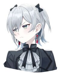 Rule 34 | &gt;:(, 1girl, absurdres, ascot, black bow, black bowtie, black coat, black shirt, blush, bow, bowtie, closed mouth, coat, cropped shoulders, earrings, green eyes, grey hair, hair bow, heart, heart in eye, highres, indie virtual youtuber, jewelry, looking to the side, nekomugi tororo, off shoulder, shirt, simple background, solo, symbol in eye, v-shaped eyebrows, virtual youtuber, white background, ziu
