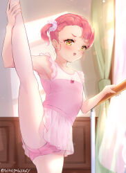 1boy absurdres athletic_leotard ballet ballet_dress blush cowboy_shot crossdressing highres leg_up leotard looking_at_viewer open_mouth original pantyhose peteron pink_hair pink_leotard short_hair solo split standing standing_on_one_leg standing_split trap tutu twitter_username white_pantyhose yellow_eyes