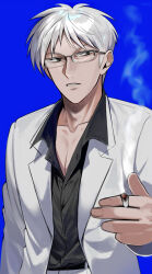 Rule 34 | 1boy, akagi: yami ni oritatta tensai, akagi shigeru, alternate costume, bespectacled, black shirt, blazer, blue background, cigarette, collared shirt, commentary request, fukumoto mahjong, glasses, grey-framed eyewear, grey eyes, highres, holding, holding cigarette, jacket, looking at viewer, male focus, niwatori panda, over-rim eyewear, semi-rimless eyewear, shirt, short hair, simple background, smoke, smoking, solo, upper body, white hair, white jacket