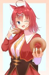 Rule 34 | 1girl, ;d, absurdres, ahoge, amairo islenauts, animal ears, between breasts, blue eyes, blush, border, breasts, brown corset, collared shirt, commentary, corset, cowboy shot, donut, dual wielding, eyelashes, fang, food, hair between eyes, hair ornament, hands up, happy, highres, holding, holding donut, holding food, jacket, large breasts, long sleeves, looking at viewer, masaki gaillard, medium hair, necktie, necktie between breasts, one eye closed, open clothes, open jacket, open mouth, orange border, outside border, red hair, red jacket, red skirt, school uniform, shirt, simple background, skirt, smile, solo, wada (fzwprhf3aj45658), white background, white shirt, wolf ears, wolf girl, x hair ornament, yellow necktie