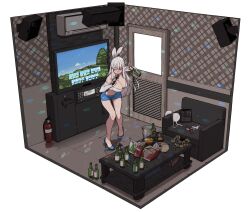 1girl :d alcohol bare_shoulders blue_shoes blue_skirt blush bottle bra breasts chair chips_(food) cleavage closed_eyes cup drinking_glass fire_extinguisher food happening18 high_heels highres holding holding_bottle holding_microphone instrument karaoke_box large_breasts long_hair microphone midriff miniskirt no_bra open_mouth original panties sex_toy shoes simple_background skirt smile soju solo table tambourine television underwear unworn_bra unworn_panties vibrator white_background white_bra white_hair white_panties