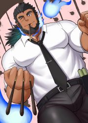 Rule 34 | 1boy, ;), bara, beard, between pectorals, black hair, black necktie, blue fire, bulge, collared shirt, dark-skinned male, dark skin, dutch angle, facial hair, facial scar, fire, food, forked eyebrows, formal clothes, highres, holding, holding food, holding pocky, incoming food, incoming pocky kiss, large pectorals, long hair, looking at viewer, male focus, mature male, muscular, muscular male, necktie, necktie between pectorals, official alternate costume, one eye closed, pectorals, pocky, pocky day, sandayu (housamo), scar, scar on cheek, scar on face, shirt, smile, solo, thick thighs, thighs, tokyo houkago summoners, yugyouhijiri
