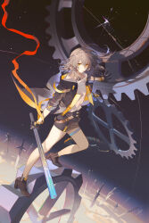 1girl absurdres ankle_boots ask_(askzy) black_boots black_coat black_gloves black_skirt boots closed_mouth coat floating_hair full_body gloves grey_hair high_heel_boots high_heels highres honkai:_star_rail honkai_(series) long_hair long_sleeves looking_at_viewer night night_sky open_clothes open_coat shirt skirt sky smile standing star_(sky) starry_sky stelle_(honkai:_star_rail) thigh_strap trailblazer_(honkai:_star_rail) white_shirt yellow_eyes