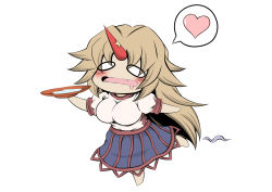 0_0 1girl alcohol blush breasts brown_hair chibi commentary_request cup drunk heart hidefu_kitayan highres horns hoshiguma_yuugi large_breasts long_hair oni_horns sakazuki sake saliva smile solo spoken_heart touhou white_background
